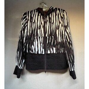 Gabriella Molinari Womens Black & White Crinkle Zip Up Hoodie Sz 8 Smocked Trim